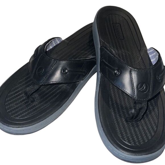 Sperry Baitfish Black Leather Toe Post Flip Flop Sandals Men Size 12 NIB - Picture 1 of 10